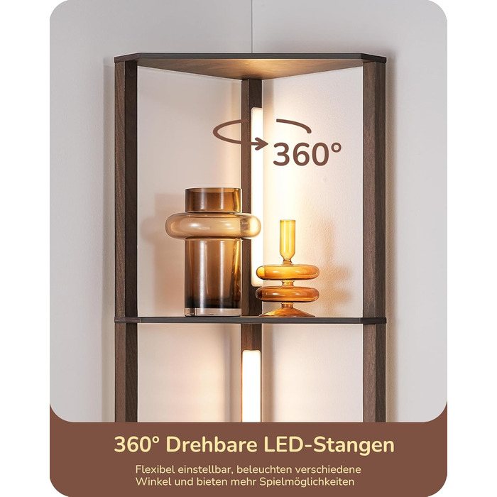 LED торшер EDISHINE з 4 полицями з дерева, торшер для вітальні, регульоване освітлення, 3 колірні температури, поворотний світловий стержень, підсвічування полиць, футовим вимикачем (темно-горіховий)