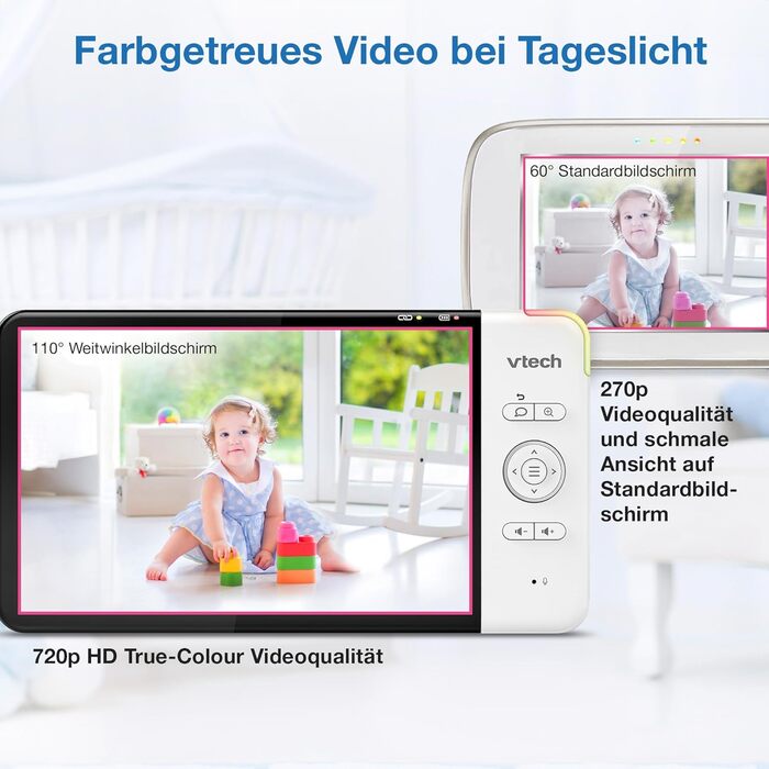 Відеоняня Vtech VM901-1W WiFi з 5-дюймовим HD-дисплеєм, поворотна камера 1080P, мобільний додаток, широкий кут огляду 120°, сумісна з iOS та Android