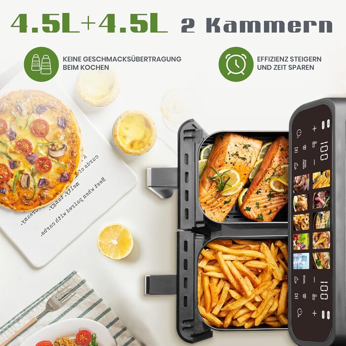 Аерофритюрниця Air Fryer 9л 2000 Вт, двокамерна фритюрниця з гарячим повітрям та термоізольованими ручками, чорна (901-schwarz)