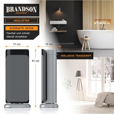 Керамічний обігрівач Brandson 2000 Вт з дистанційним керуванням, енергоощадний, тихий, для ванної, з осциляцією, срібний, сертифікат GS, переможець 2024
