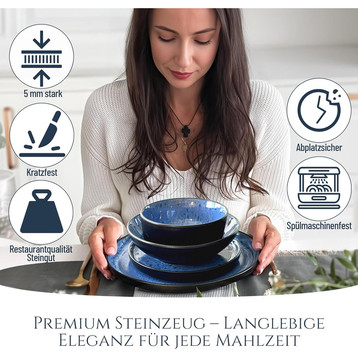 Набір посуду Steingut Ibiza 24 шт. для 6 осіб - глибоке синій колір, Pure Living, TESTSIEGER