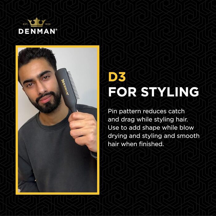 Щітка для кучерявого волосся Denman D3 (African), 7-рядна стилінг-щітка для розплутування, розділення, формування та визначення кучерів – для жінок та чоловіків (All Black)
