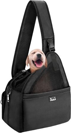 Dog-friendly sling carriers, hands-free travel bag for small pets with adjustable straps, hardboard base, safety belt, for dogs up to 2.8kg, wider version (L (For pets under 5.5kg), Black)