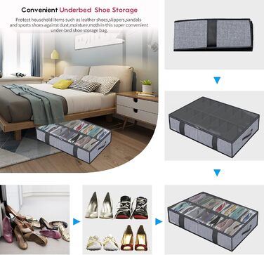 Комод під ліжко Homyfort 2 шт. для взуття з прозорим кришкою - органайзер для взуття, міцна коробка для зберігання з 14 + 4 відділеннями, сірий льон, XDUBS14S4, 86 x 60 x 15 см