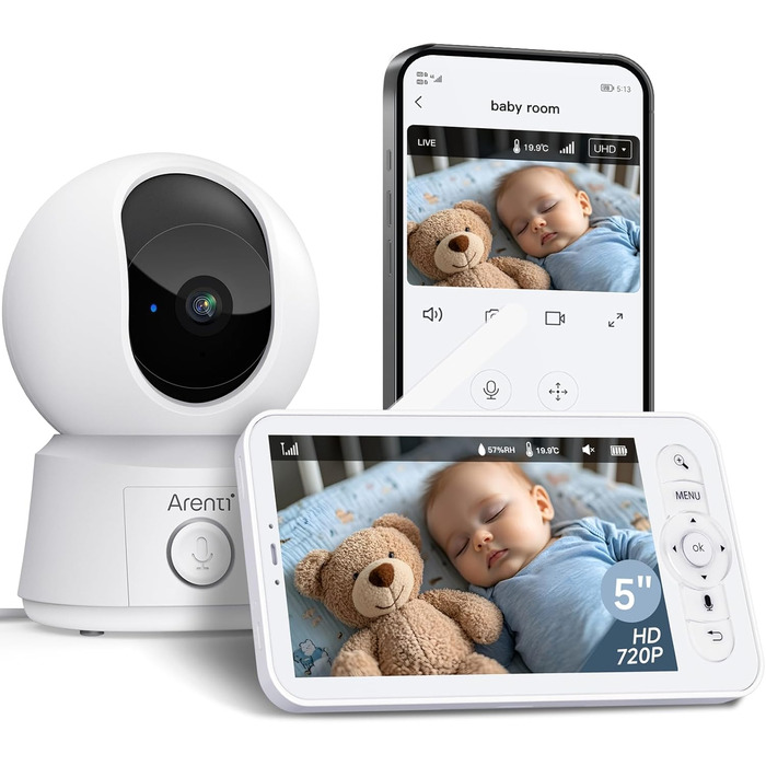 Дитячий відеомонітор Arenti з камерою та додатком, 5' дисплей, 1080P, PTZ, датчик температури, колискові, нічне бачення, 2-сторонній аудіо, VoX, автоматичне відстеження B2