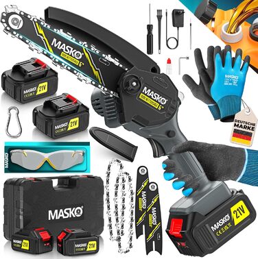 MASKO® Міні акумуляторна бензопила 800W, 6 дюймів, 8000mAh | Електрична пила з автоматичною подачею оливи | Ручна бензопила для обрізки гілок та деревини | У комплекті кейс, 2x акумулятори 4000mAh та 2 запасні ланцюги 6 дюймів, чорний/антрацит