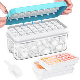 Ice cube mold, ice cube container, 96 ice cubes, ice cube mold with lid, with 3 trays, easy push to release ice, leak-proof, cooling for cocktails, whisky, coffee, blue
