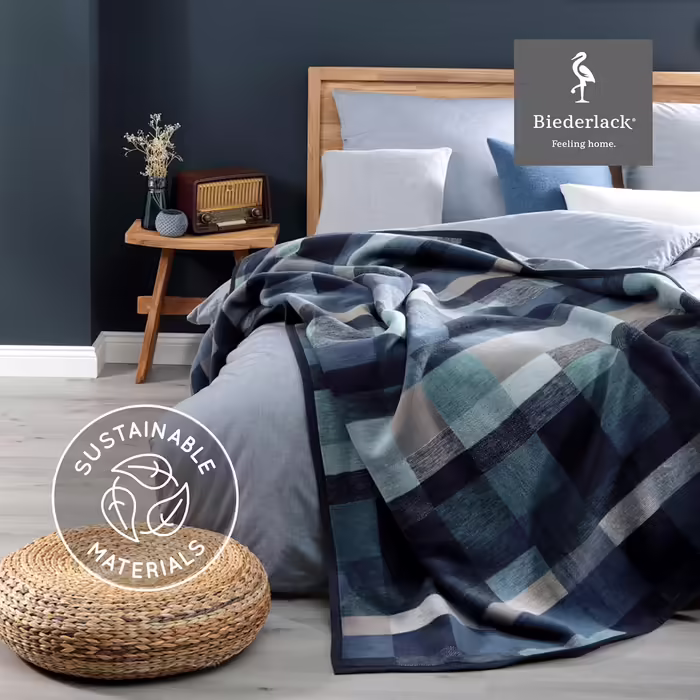 biederlack® Fluffy Throw Blanket made of cotton blend | Made in Germany | Öko-Tex certified | sustainably produced | Living blanket Color Squares Dark Blue in dark blue-grey | Sofa blanket in 150x200 cm