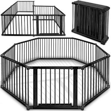 Дитячий вольєр KIDUKU® XXL, 7,2 м, розкладний, з дверцятами | Безпечний вольєр для дитини з подвійним замком | Захисний бар'єр для малюків з 8 елементами, білий/натуральний (чорний)