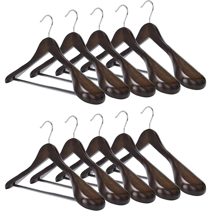 MECOREX Suit Hangers, 10-Piece Set, Solid Wood Clothes Hangers with Extra Wide Shoulders, Non-Slip, for Shirts, Coats, Jackets, Pants, Suits, 360° Swivel Hook (Dark Walnut Color)