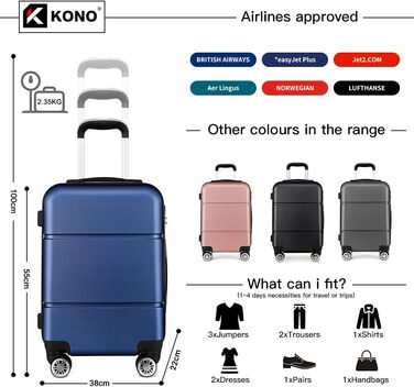 Валіза ручної поклажі KONO з роликами, жорсткий корпус, Trolley 55x38x22 см, 33 літри, легкий, ABS (Морська блакить)