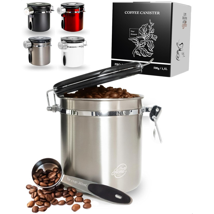 Контейнер для кави Kaffeedose 500г, нержавіюча сталь, 1,5л з дозатором та календарем, срібний