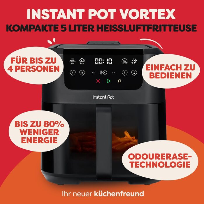 Фритюрниця повітряна Instant Pot Vortex Compact Trüffel Grau 5 л з сіткою, сімейна, 4-в-1: фритюрниця, сушарка, духовка, підігрівач, антипригарне покриття, легко мити, придатна для миття в посудомийній машині, колір Трюфель (5 л, чорний)