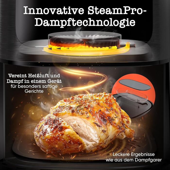 Stillstern Airfryer з оглядовим вікном, 8л, з парою та функцією Shake, 80-200°C, 1800W, таймер 120хв, 100 рецептів, чорний