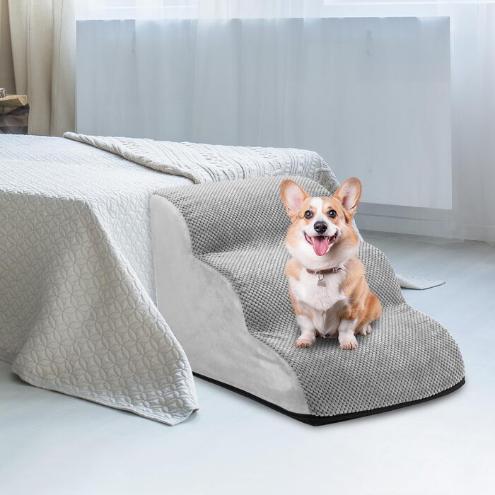 Сходинки для собак QWORK® сірі, 3-ступеневі, 60x40x40 см, з щільного матеріалу, знімні та пральні