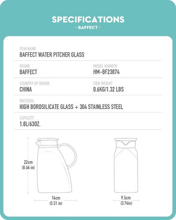 Baffect Carafe Glass with Lid, 1.8L/63oz Refrigerator Glass Carafe with Stainless Steel Lid, High Borosilicate Glass Carafe Pitcher for Hot or Cold Homemade Drinks