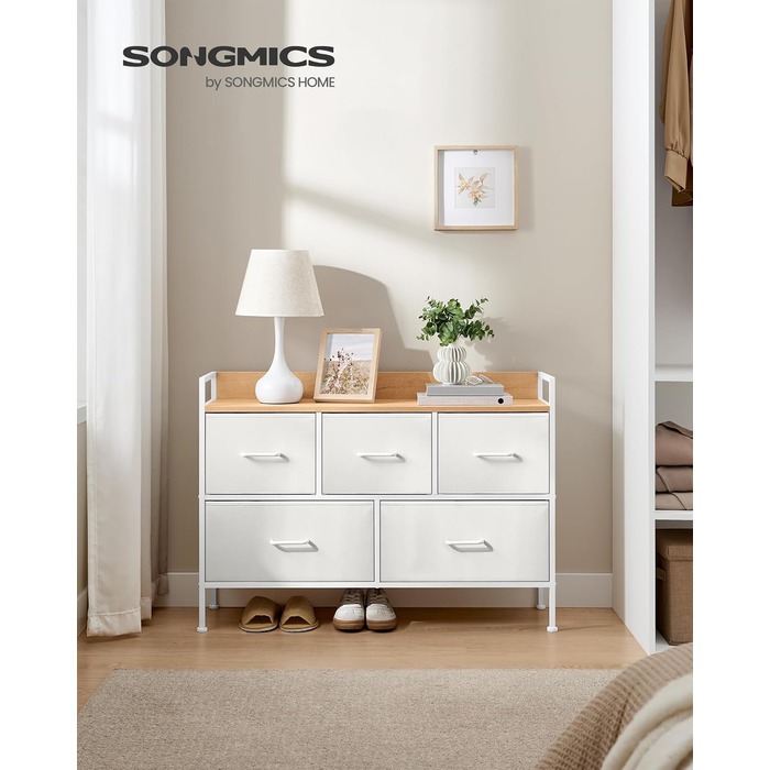 SONGMICS Chest of Drawers, Cabinet, 7 Fabric Drawers with Handles, Metal Frame, Industrial Design, Vintage Brown-Ink Black LTS137B01 (Cloud White + Oak Beige, 29W x 98.2D x 70H cm)