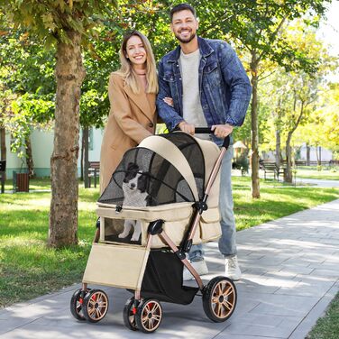 YITAHOME Buggy для собак та котів, складний, до 22 кг, з обертовим ручками, сітковими вікнами, тримачем для напоїв, EVA-колеса з гальмом (Бежевий)