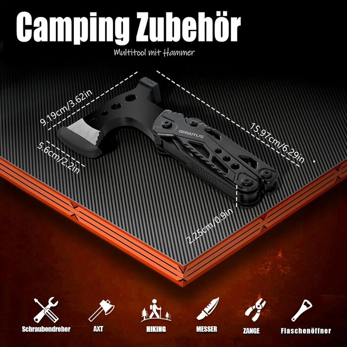 Мультитул 16в1 для чоловіків: набір для кемпінгу, виживання, подарунок на День батька. З сокирою, молотком, плоскогубцями, пилкою, викрутками, відкривачкою для пляшок та ін. Чорний колір