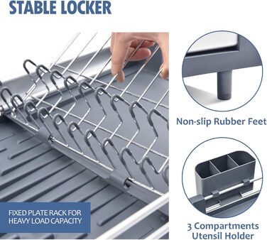 Стійка для посуду KINGRACK: розширювана, з нержавіючої сталі, з підставкою для столових приборів, антиковзаюча, сірого кольору