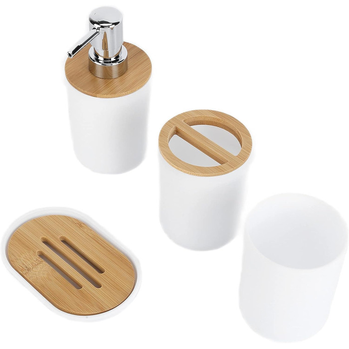 Набір аксесуарів для ванної кімнати на 4 предмети: тримач для зубних щіток, мильниця, дозатор для лосьйону, стакан для ополіскувача, сучасна сантехніка для дому та готелю (білий)