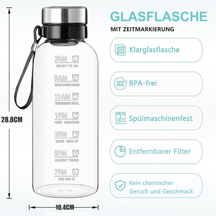 RNCKUUE 2 Liter Glass Bottle, 2l Glass Drinking Bottle, Glass Water Bottle with Strainer, Neoprene Sleeve, Bottle Brush