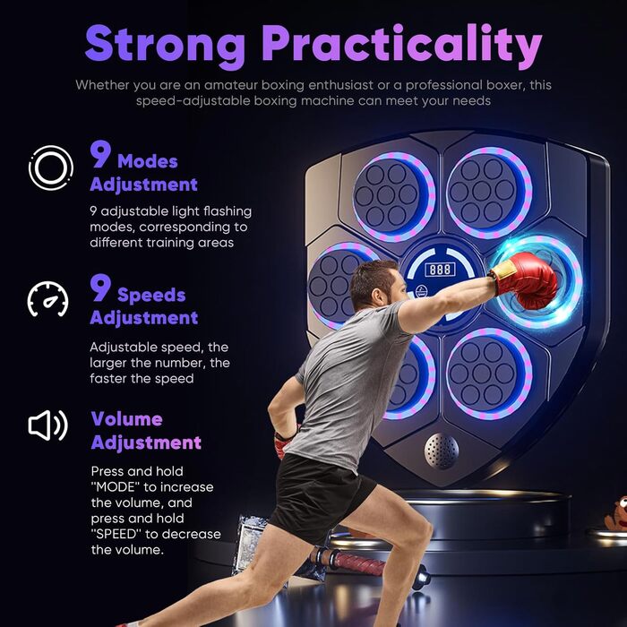 Музична боксерська машина AHWOiHS з LED-підсвіткою, 9 швидкостей та 9 режимів тренування для дітей та дорослих