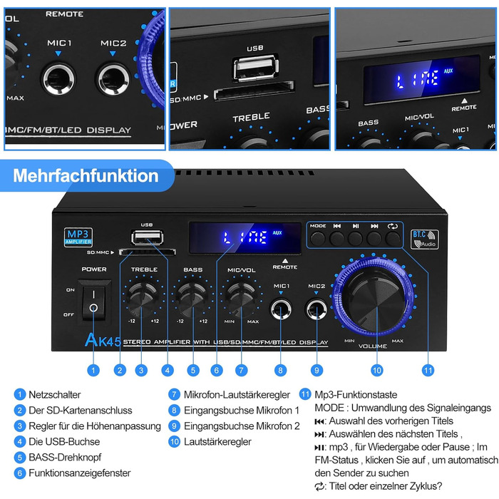 HiFi підсилювач AK45 Mini Bluetooth стерео, 2-канальний, 400 Вт, цифровий аудіо підсилювач з FM-радіо, SD/USB, для дому та авто