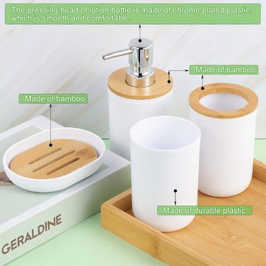 Набір аксесуарів для ванної кімнати з бамбука (4 шт): стакан для зубної пасти, тримач для зубних щіток, стакан для ополіскувача, дозатор для лосьйону, мильниця (білий)