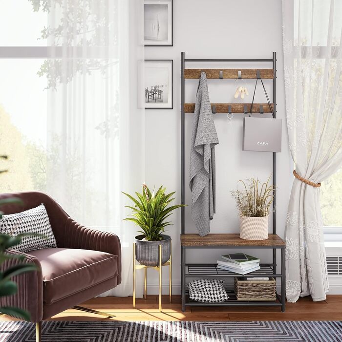 Mondeer Coat Rack, Shoe Rack with Coat Rack, 3 Shelves and 9 Detachable Hooks, Industrial Design, Metal and Wood Construction, 70 x 32 x 175 cm, for Entryway, Brown