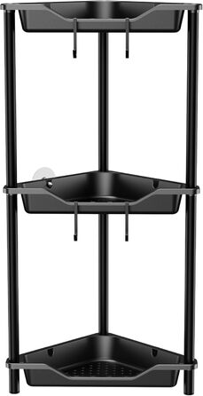 Поличка кутова OriwarE 3 ярусна для ванної, вітальні, спальні, чорна, з міцного пластику та металу, не потребує свердління, стійка до іржі
