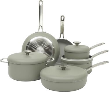 Набір кухонного посуду Sur La Table Kitchen Essentials 13-Piece, преміум-кераміка, антипригарне покриття, для індукційних плит, знімний ручка, смарагдово-зелений
