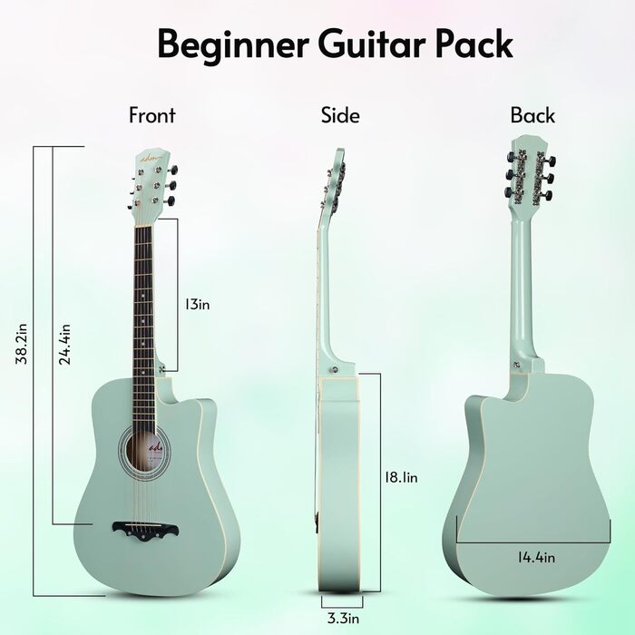Акустична гітара ADM 38 дюймів для початківців (зелена) з комплектом аксесуарів та онлайн-уроками