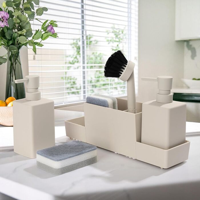 Dish Soap and Hand Soap Dispenser Kitchen Set with Sponge Holder and Brush, Dish Soap Dispenser Kitchen Black, Soap and Dish Soap Dispenser Set Kitchen Gadget Sink Organizer with Soap Dispenser (Beige, 4 in 1)