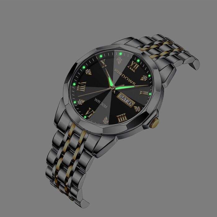 Годинник чоловічий PINDOWS Luxus Quarz з датою та великим циферблатом, водонепроникний, стильний бізнес-годинник. Елегантний двоколірний класичний годинник з нержавіючої сталі з підсвічуванням та календарем. Артикул: De650n2. Срібний браслет, чорний циферблат.