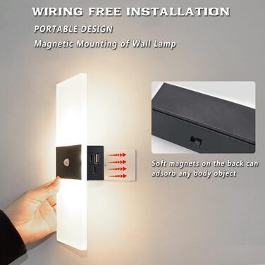 LED настінний світильник VOMI з датчиком руху, акумуляторний, бездротовий, USB зарядка, 4000mAh, для коридору та сходів, 2 білих світлодіодів, 6000K