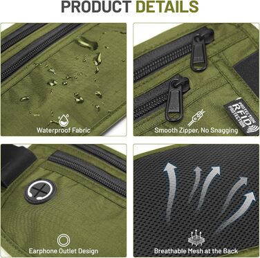 Водонепроникна поясна сумка з RFID захистом та антикрадіжною системою для подорожей та спорту (оливковий)