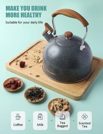 Чайник BELANKO 2,5 л з свистком, нержавіюча сталь, з дерев'ястим декором, складаний ручка, для чаю, кави, молока – блакитний (сірий)