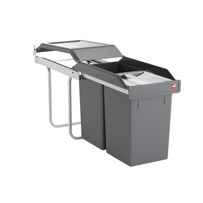 Відро для сміття Hailo Tandem 3650103 | Вбудований контейнер для сміття 2 секції, 50 мішків, для шаф від 300 мм, зручний висувний механізм, срібно-антрацитовий колір