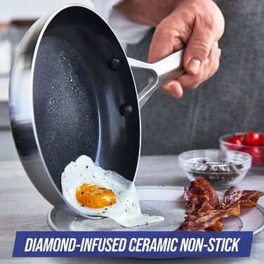 Набір сковорідок Blue Diamond Cookware 2 шт. (24 см & 26 см) з нержавіючої сталі, з посиленою керамікою, антипригарне покриття, тришарова конструкція, індукційні, для посудомийної машини, термостійкі, сріблясті