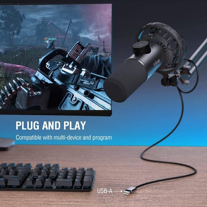 Мікрофон FIFINE K658 Black - USB мікрофон для ПК, PS4, PS5, MAC з RGB підсвічуванням, динамічний, 16 біт/48 кГц, 3.5 мм роз'єм для навушників, Plug-and-Play, з амортизатором