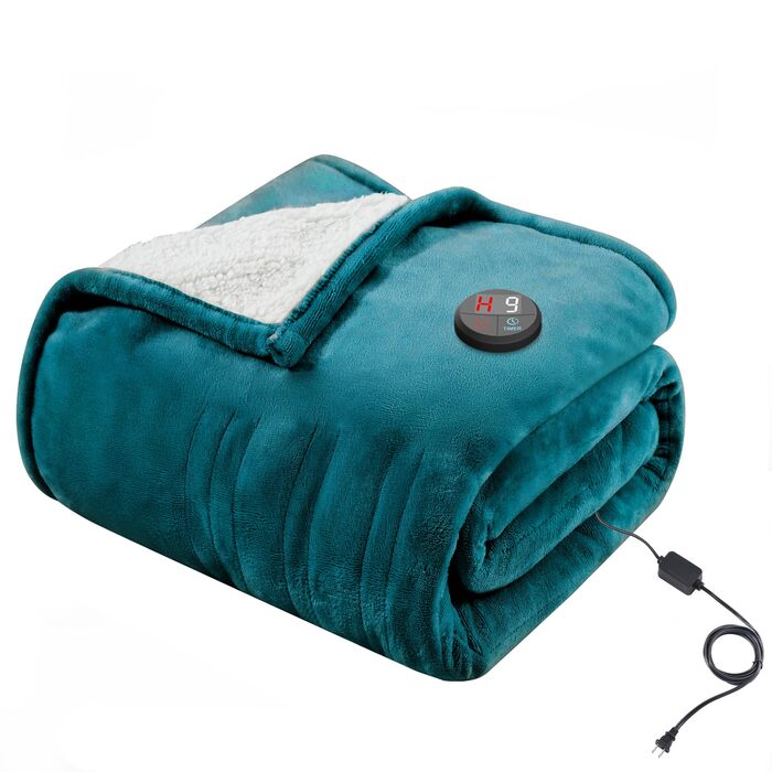 Електрична ковдра GOTCOZY 130x180 см з 10 режимами нагріву та таймером, блакитна