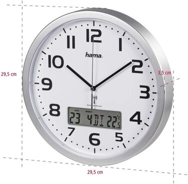 Hama Digital Radio Wall Clock (large radio clock with analog time display, wall clock with digital calendar and temperature display, incl. battery) Silver