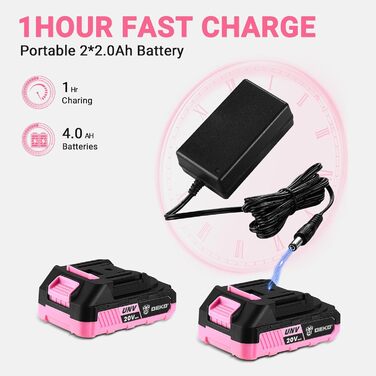 Акумуляторний шурупокрут DEKOPRO 20V 40 Nm: комплект з 2 акумуляторами, LED, 18+1 момент, для дому та DIY, рожевий