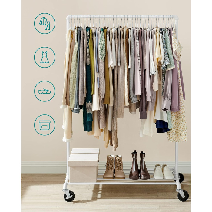 SONGMICS Clothes Rack, Garment Rod, with Wheels, Load Capacity up to 90 kg, Coat Rack with 1 Garment Rod and Shelf, Industrial Design, for Bedroom, Laundry Room, HSR61BK (White)