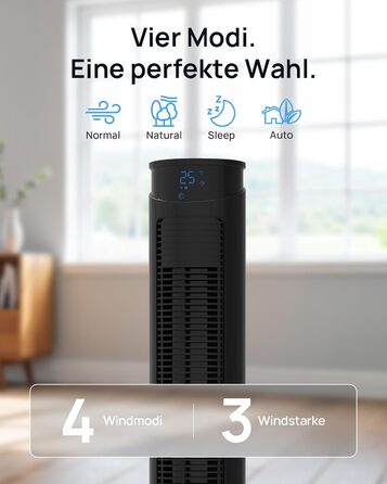 Тихий вежний вентилятор з пультом дистанційного керування 25dB, 40W, 4 режими, 75° осциляція, таймер 12 годин, висота 93 см