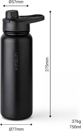 Stainless Steel Water Bottle 1L - Straw, Drinking Opening - Leakproof, Carbonated Drink Compatible, BPA Free - Thermos Flask for Sports, Outdoors, School, University, Cycling, Hiking, Gym (750 ml, Black)