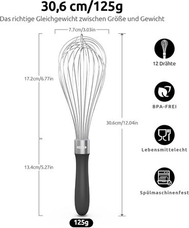 Міксер кухонний U-Taste, 30 см, з нержавіючої сталі 18/10, 12 гнучких дротів, силіконовий ручка, для тіста та соусів (Чорний)