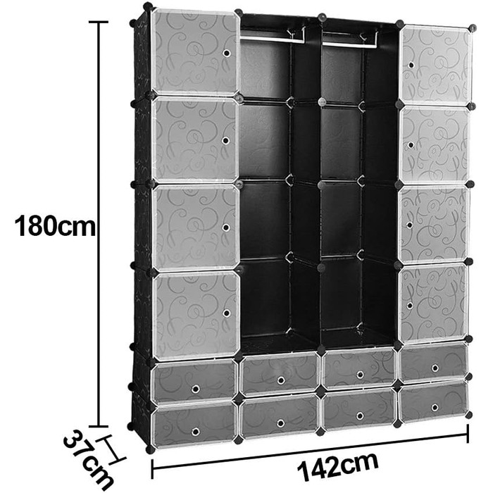 DIY Closet Shelf System, 16 Cubes, Wardrobe Closet, Open Closet, Plastic Wardrobe with Doors, Wardrobe Cabinet, Black, 180 x 142 x 37CM