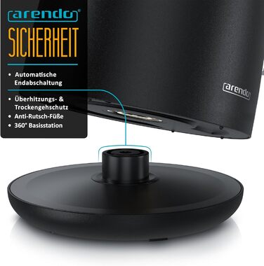 Електричний чайник Arendo з нержавіючої сталі 1.5 л, 2200 Вт, подвійні стінки, 360° обертання, без BPA, захист від перегріву та сухого кипіння, чорний матовий